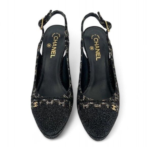Chanel Open Toe Strappy Sandals in Woven Chain with Black  Authentic CHANEL Black CC Logo Cap Toe Block Heel Slingback Sandals Size…